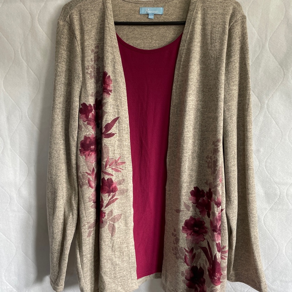 Tan and Red Floral Embroidered Cardigan Sweater